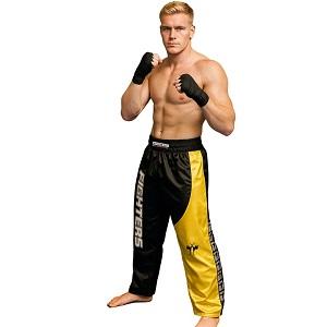 FIGHTERS - Pantaloni da Kickboxing / Raso / Nero-Giallo / Large